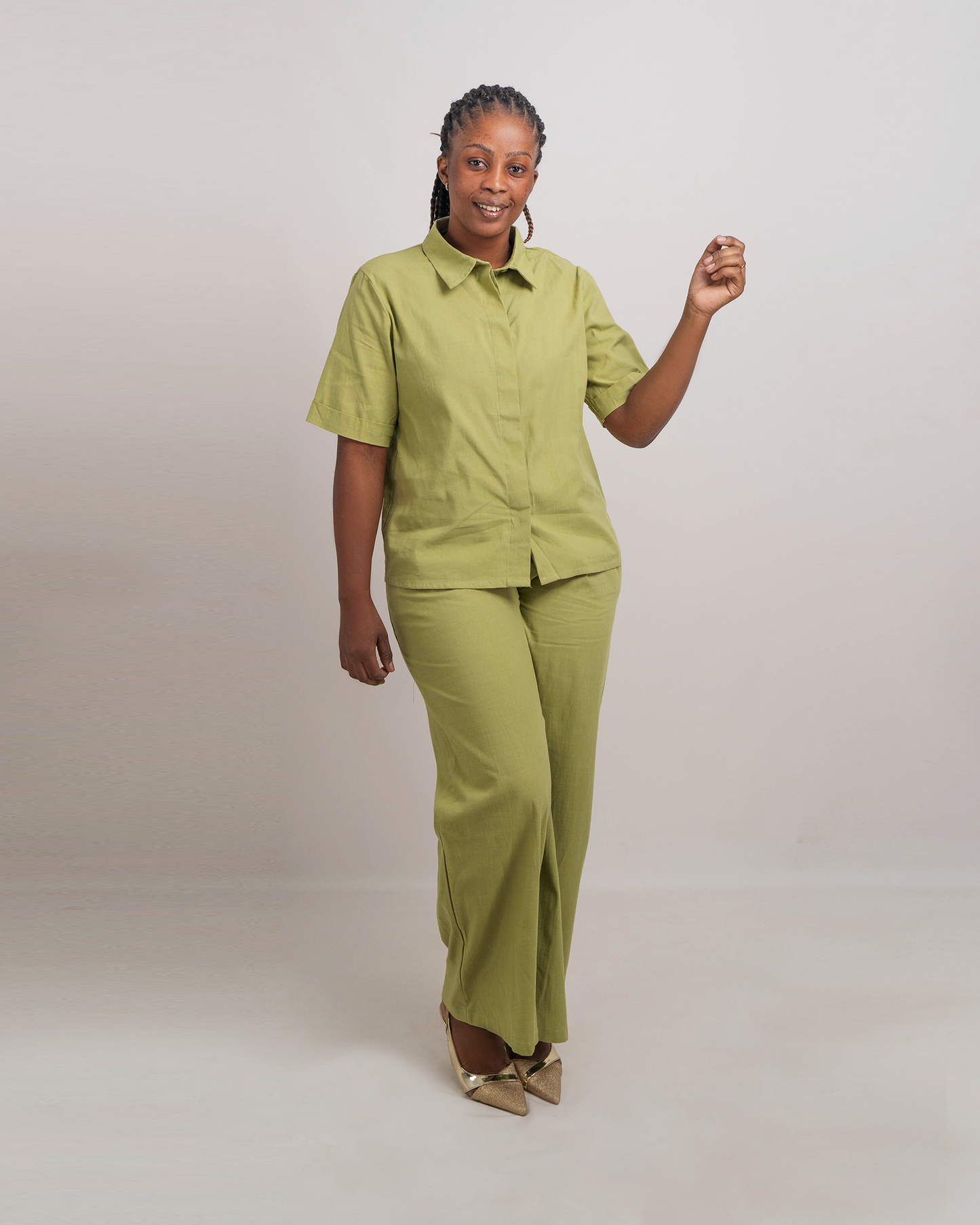 FATO DE PANTALONA COM BLUSA DE MANGA CURTA TECIDO LINHO (TZ-2614)