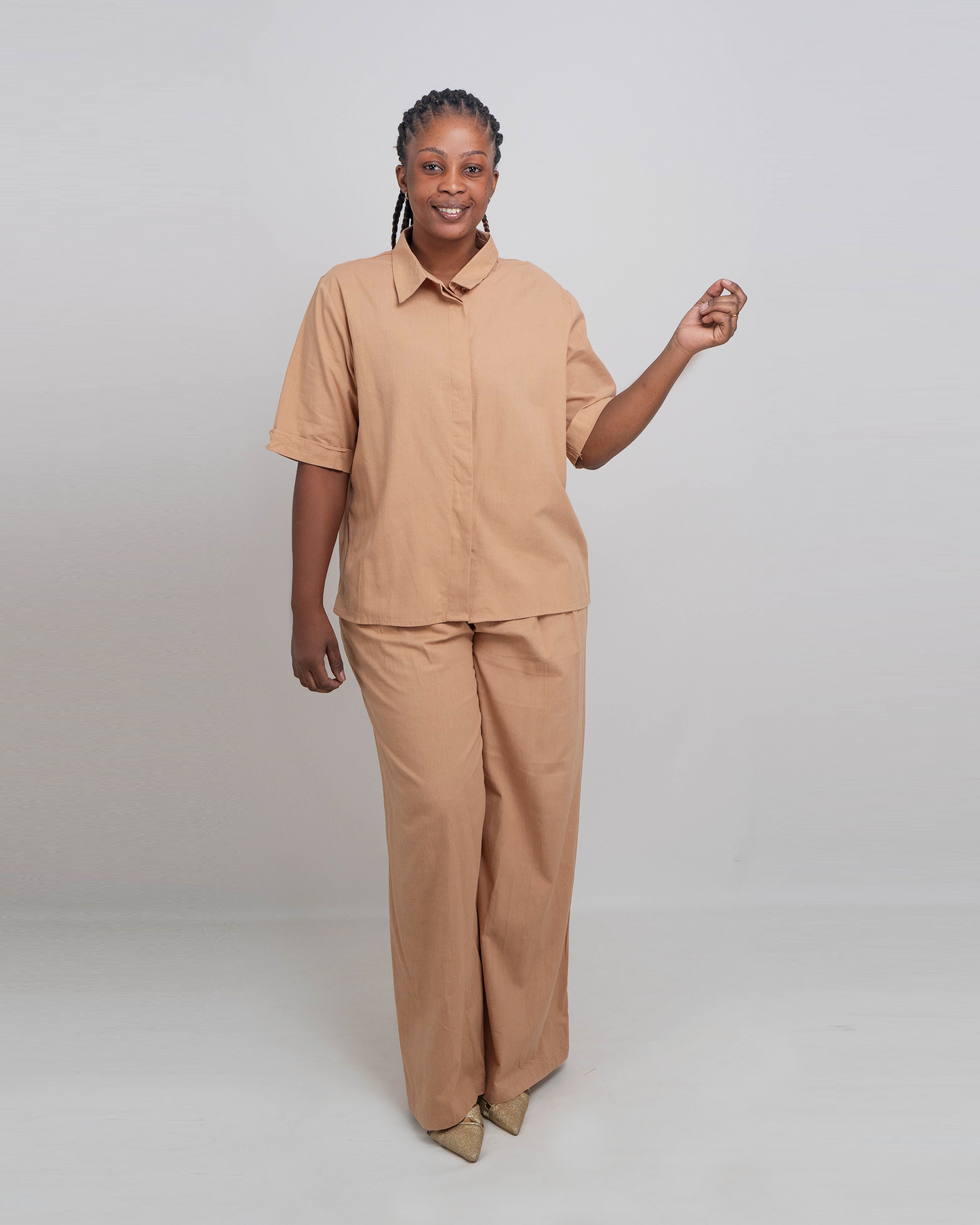 FATO DE PANTALONA COM BLUSA DE MANGA CURTA TECIDO LINHO (TZ-2614)