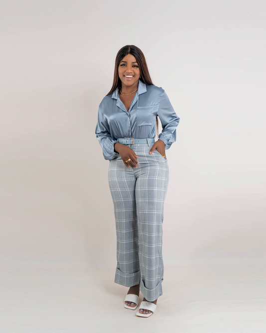 Fato de Camisa com Calca Pantalona Xadrez  Bainha Francesa (TZ-2557)
