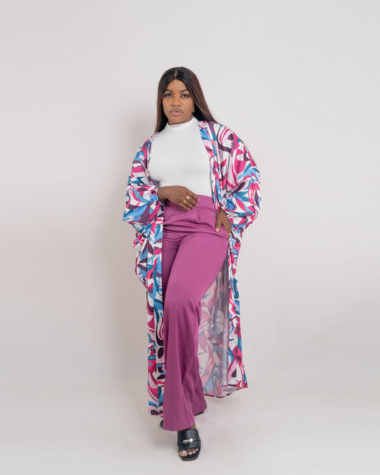 Fato de Pantalona Com Blusa Curta e Bata Estampada (TZ-2979)